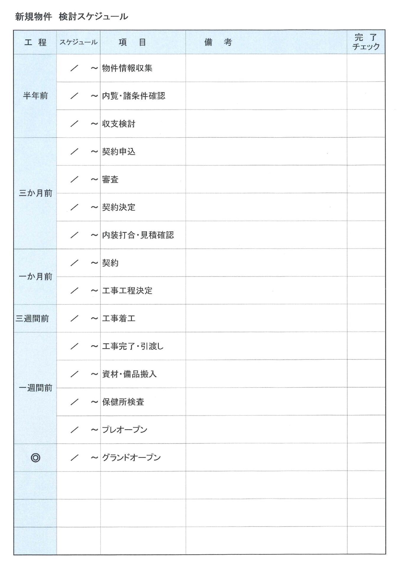 新規物件スケジュール